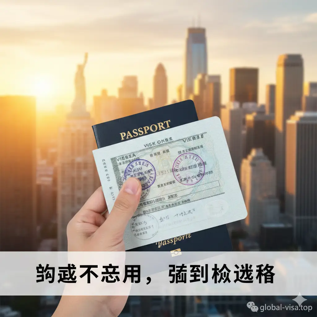 一张充满正面情绪的总结图。画面展示一只手拿着一本贴有美国签证页的护照,背景是阳光灿烂的自由女神像或美国城市天际线。画面构图开阔,色彩鲜艳,象征着签证申请的最终成功。图下方带有淡淡的文字遮罩,总结‘勾选不适用,顺利拿签证’,为读者提供信心,并与文章结尾的行动呼吁呼应。