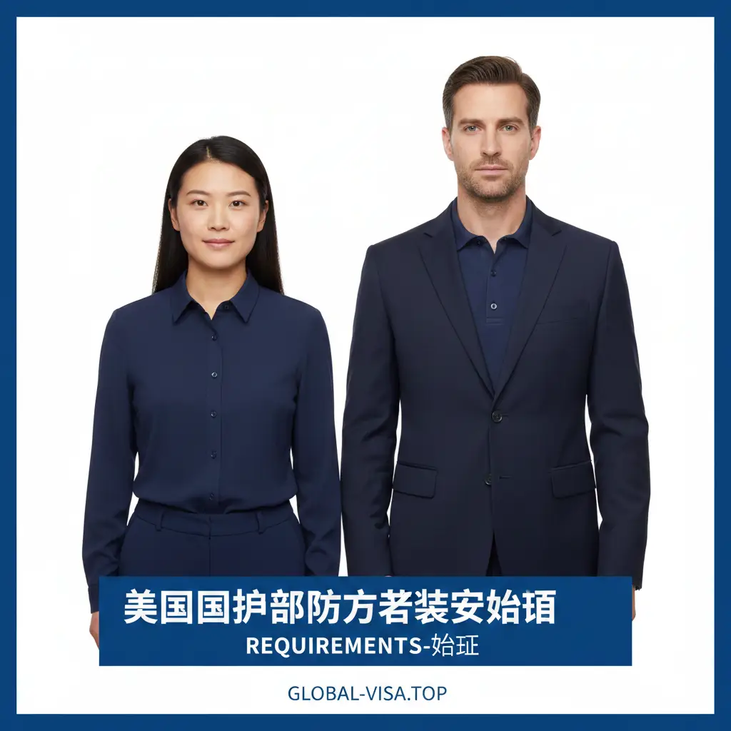 一张高质量的封面大图,展示一名亚洲女性和一名西方男性展示符合规范的美国护照照片。背景为纯白色,光线均匀无阴影。两人穿着深蓝色的商务休闲装,面部表情自然,未佩戴眼镜。构图采用并列式,画面中心醒目地标注着‘2025 US Passport Photo Guide’字样,色彩对比鲜明,风格专业且具有权威感。