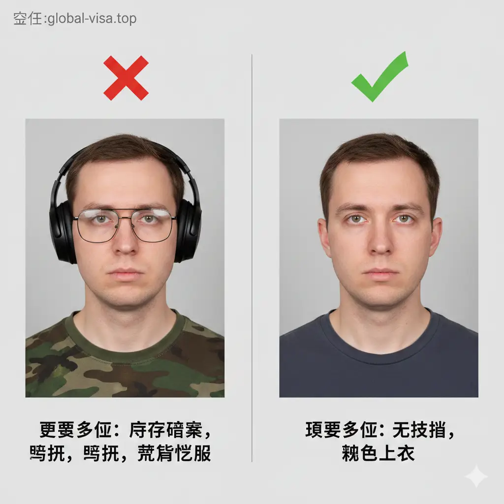 功能对比图,采用左右分屏构图展示‘正确’与‘错误’的着装。左侧展示一名模特穿着迷彩服、佩戴眼镜并戴着大耳机的错误示例,上方打红色叉号;右侧展示同一模特穿着深灰色圆领T恤、摘掉眼镜、面部清晰的正确示例,上方打绿色对勾。风格简洁明快,具有极强的视觉指导功能。