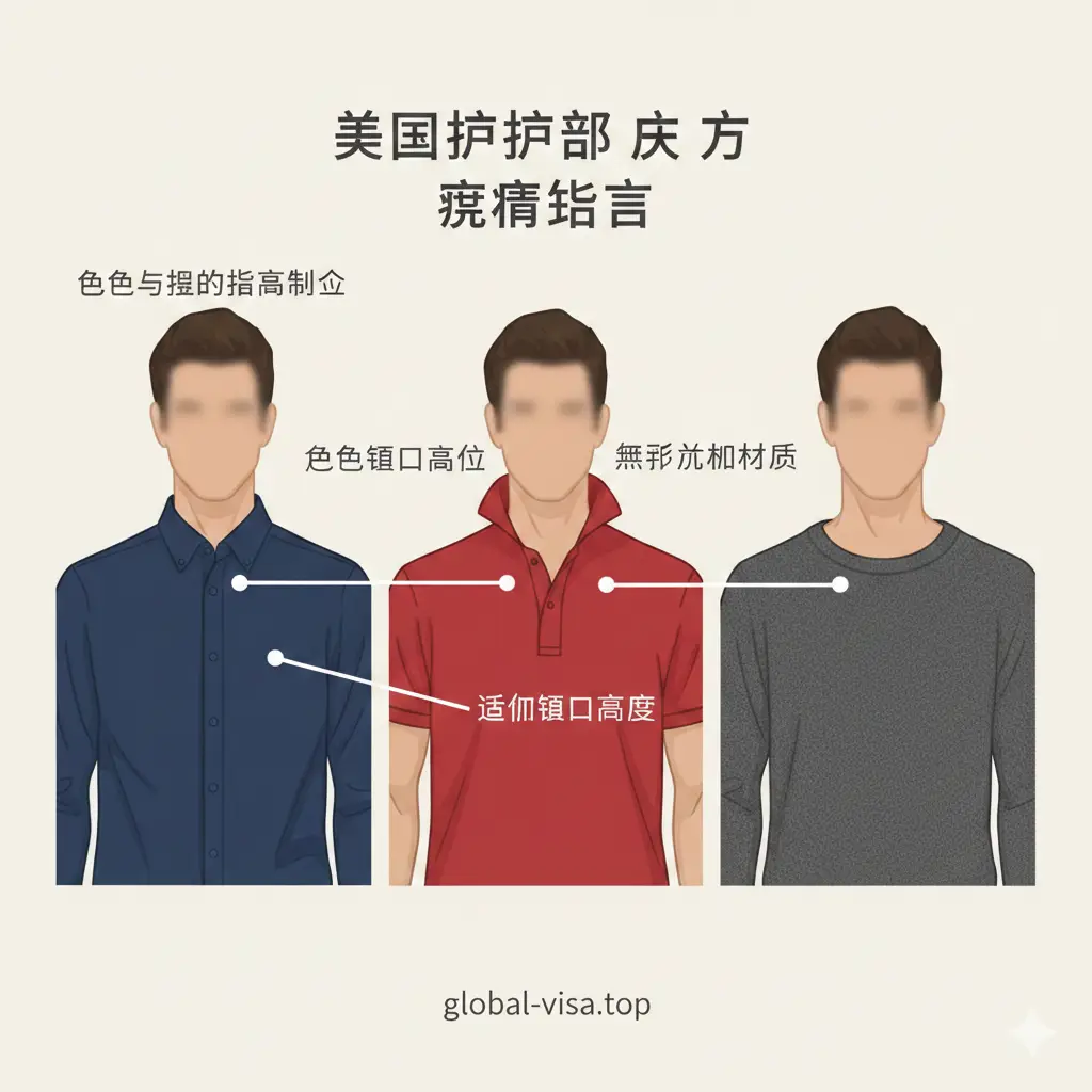 教程类信息图,背景为米白色。核心展示几种推荐的服装款式,如深蓝色衬衫、红色Polo衫、深灰色针织衫。画面通过标注线指出:1. 衣服颜色与背景的高对比度;2. 适中的领口高度(避免低领或过高领);3. 无反光的布料材质。整体采用扁平化设计风格结合实物模特,色彩柔和易于阅读。