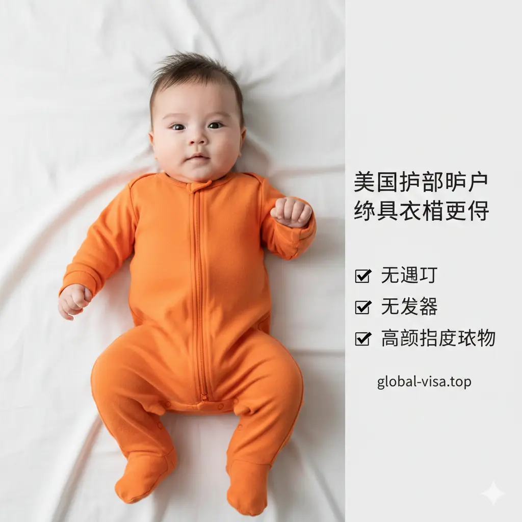 优势指导图,专注于婴儿护照照片的拍摄场景。画面展示一个穿着鲜艳橙色衣服的可爱宝宝躺在洁白的床单上,双眼睁开看向镜头。构图特意展示出‘没有父母的手入镜’的特点,并在侧边列出优势重点:无围嘴、无发饰、高对比度颜色。色调温馨自然,光线充足,体现专业与细致。