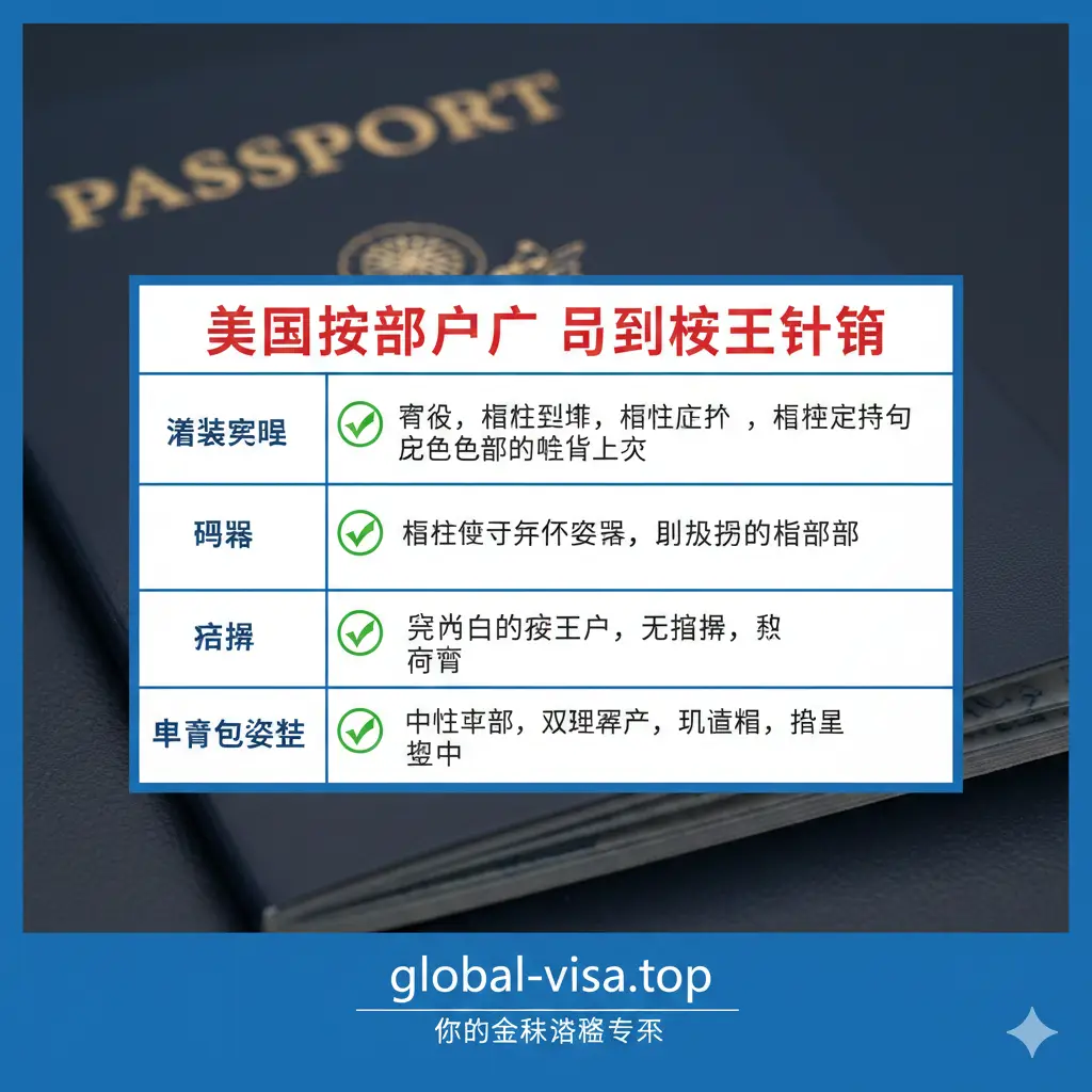 总结性视觉清单,画面中心是一个美观的核对表格,涵盖了着装、眼镜、背景、表情等关键要素。背景隐约可见一张美国护照的轮廓。每条规则旁边都有一个绿色的圆形勾选框,整体色彩采用象征美国官方的红、白、蓝配色方案,构图工整,文字清晰,给人以最后确认的安心感。