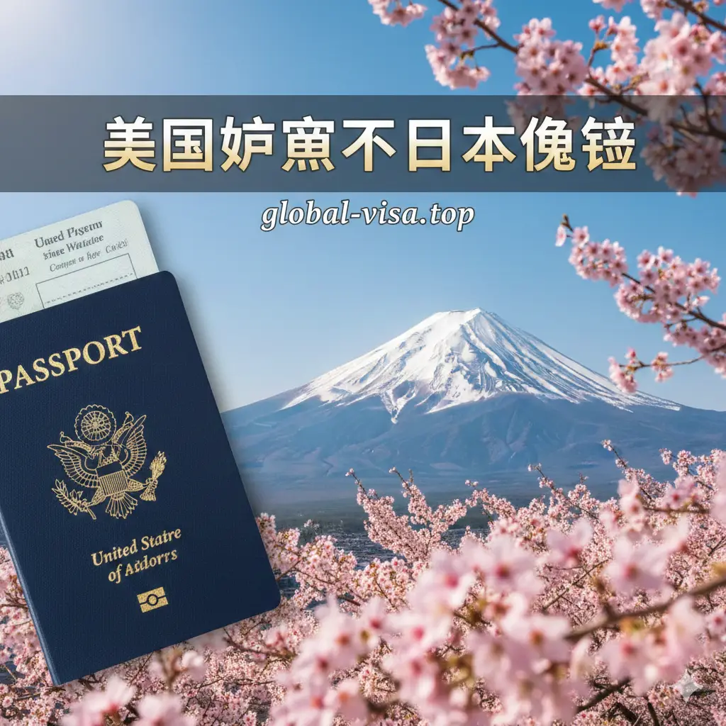 一张高质量的旅游背景图，左侧放置一本深蓝色的美国护照，右侧是标志性的日本富士山和盛开的粉色樱花。背景色彩明亮且具有吸引力，采用广角构图。护照质感细腻，金色国徽清晰可见。画面中央或上方预留位置用于添加‘美国护照去日本免签’的醒目标题，整体风格专业且充满旅行的向往感，符合global-visa.top的品牌调性。