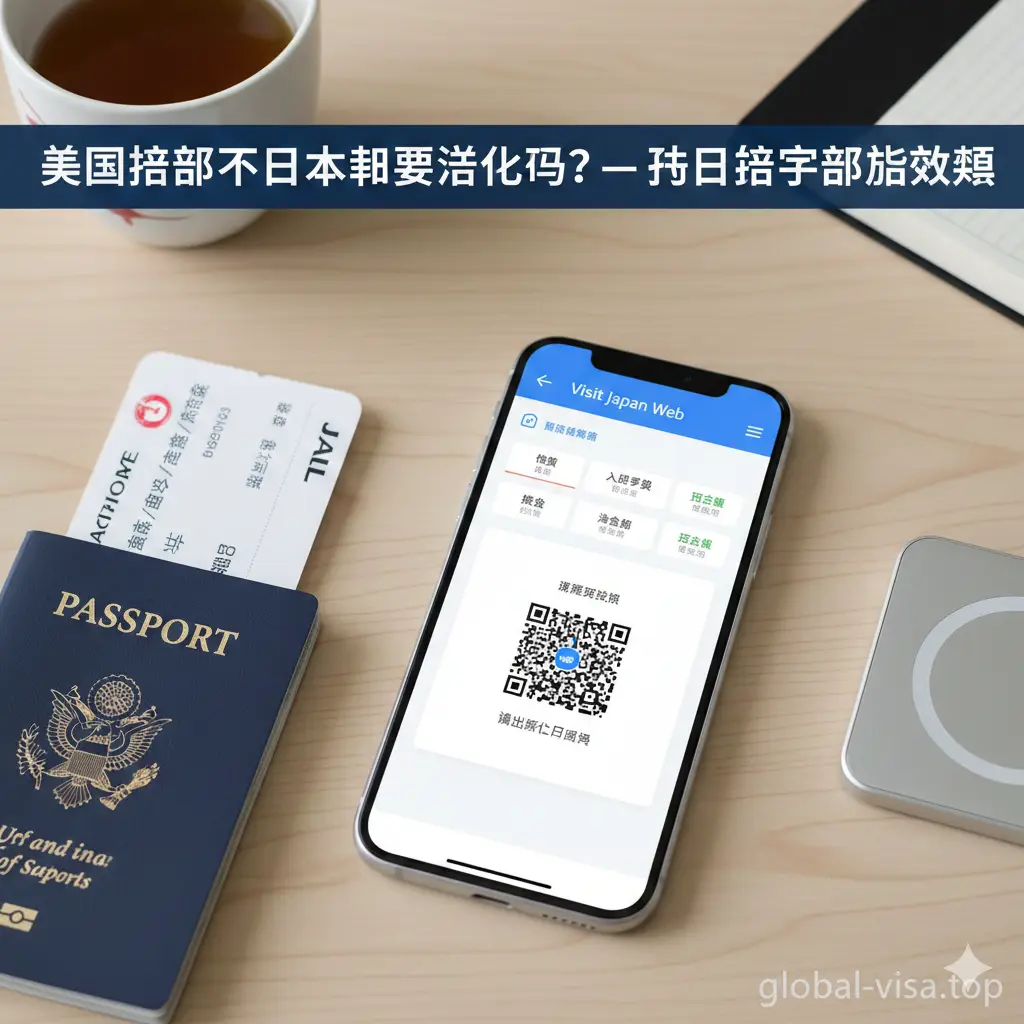 一张现代化的电子设备展示图，画面中心是一款智能手机，屏幕上正在显示Visit Japan Web的二维码申报界面。手机旁边散落着护照和登机牌，构图采用俯拍俯视视角。背景是简洁的木质桌面，光线柔和。画面体现出科技感与便利性，直观展示美国公民入境日本前需要完成的数字化申报步骤，配色以日本政府官网的蓝白色系为主。