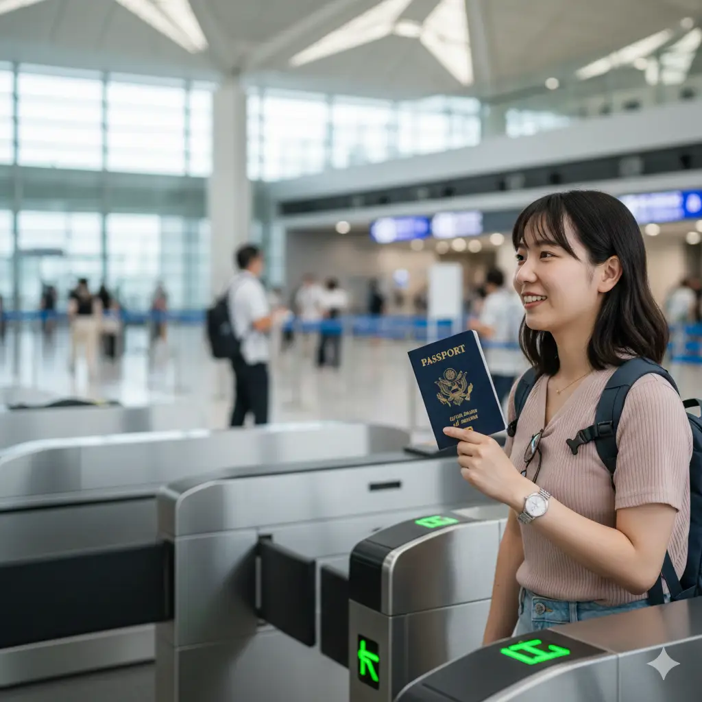 展示美国公民赴日旅行的优势场景。画面中一名亚裔或白裔旅行者正拿着美国护照通过日本机场的快速通道，神情轻松愉快。背景是现代化的东京成田机场大厅，虚化处理。构图采用三分法，突出人物的自由感与免签带来的高效便捷。色彩饱和度较高，强调旅行的舒适与无忧，视觉中心聚焦在护照与入境闸机上。
