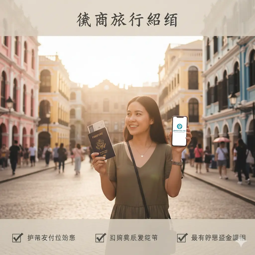 分步骤展示入境流程的教程图。画面左侧展示一名旅行者手持美国护照通过澳门整洁的自动边检闸机或人工柜台,右侧展示获得的‘入境凭条’样式。构图采用流程图式的引导感,色调明亮,光线充足。背景中隐约可见澳门国际机场或港珠澳大桥口岸的现代化内景,强调通关过程的便捷性与合法合规性。