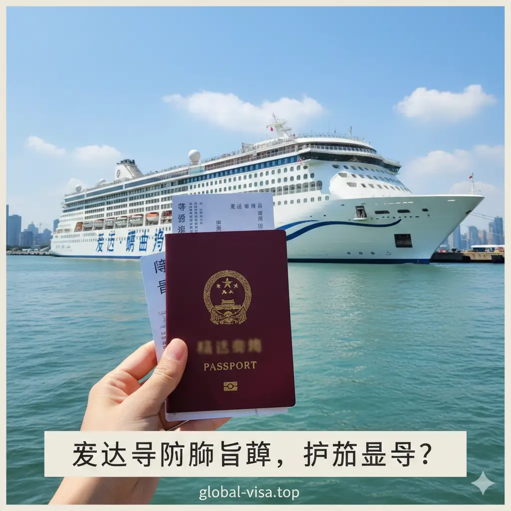 一张大气写实的邮轮旅行封面图。画面中心是宏伟的爱达·魔都号邮轮停靠在上海吴淞口国际邮轮港，背景是蔚蓝的海面与晴朗的天空。近景处有一双干净的手正拿着一本中国护照和一张邮轮登船证，构图采用黄金分割比例，色调明亮、充满度假氛围，体现‘爱达号邮轮登船是否需要护照’的核心主题。