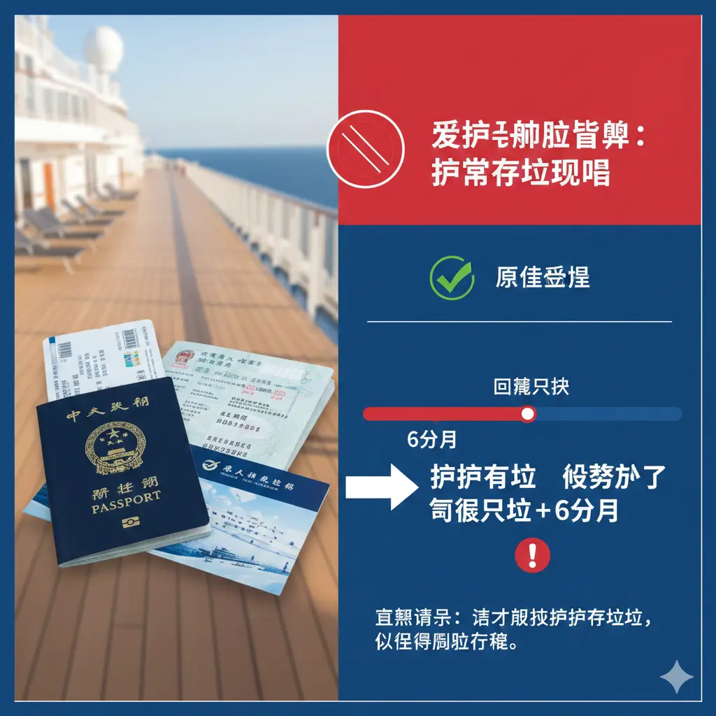 一张具有设计感的功能说明图。背景为模糊的邮轮甲板。画面中央展示一本打开的护照原件，右侧辅以清晰的文字排版和图形符号，强调‘有效期需大于6个月’的硬性指标。使用对比鲜明的红蓝色调，通过时间轴图形直观展示从回程日期起算的6个月有效期要求，风格专业且警示性强。