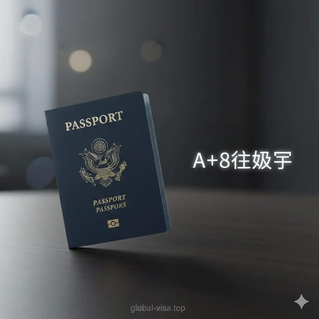 一张高质量的特写照片，展示一本深蓝色的美国新版NGP护照放置在极简主义风格的深色木质桌面。护照封面微微倾斜，金色印记清晰。背景模糊处理，光线柔和，聚焦于护照。图片右侧留白处带有发光的浮空文字提示'A+8位数字'。整体色调呈现专业、高端的商务感，蓝色与金色的对比凸显权威性，适合作为网站文章的视觉中心。