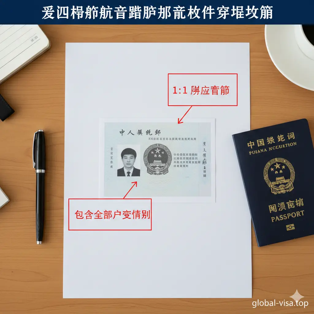 一张详细的证件准备教程图。画面模拟办公场景，展示一份标准的A4纸护照复印件。图中通过箭头标注和文字框，详细指引复印比例为1:1、内容包含照片页、纸张无裁剪等细节。构图整洁明了，极具指导意义。