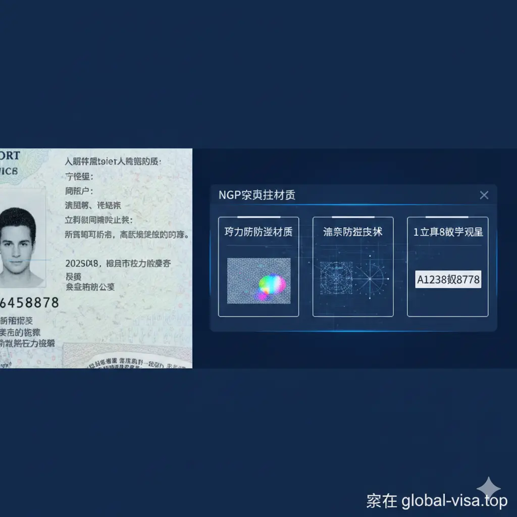 一张科技感十足的横向构图图片，左侧展示美国新版护照的数据页局部，清晰显示字母A开头的号码。右侧通过半透明的UI界面展示NGP（下一代护照）的三大特征：聚碳酸酯材质、激光防伪技术、1字母8数字规则。色彩以科技蓝和白色为主，线条简洁，旨在向读者科普护照的物理和数字化升级特征。