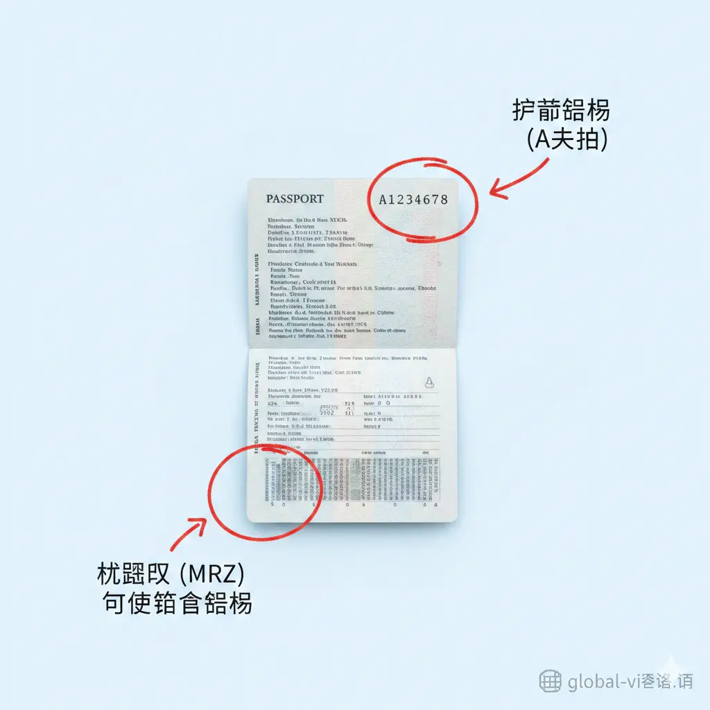 一张直观的教程类示意图。画面展示一本翻开的护照内页，有两个醒目的红色圆形光圈分别标注在右上角号码位置和底部机读区（MRZ）。图中有简单的手绘箭头指向这两处。背景色调干净、明亮，确保用户能一眼看清护照上的每一个字母。特别强调字母A和数字0的区别，构图清晰且具有极强的操作指导性。