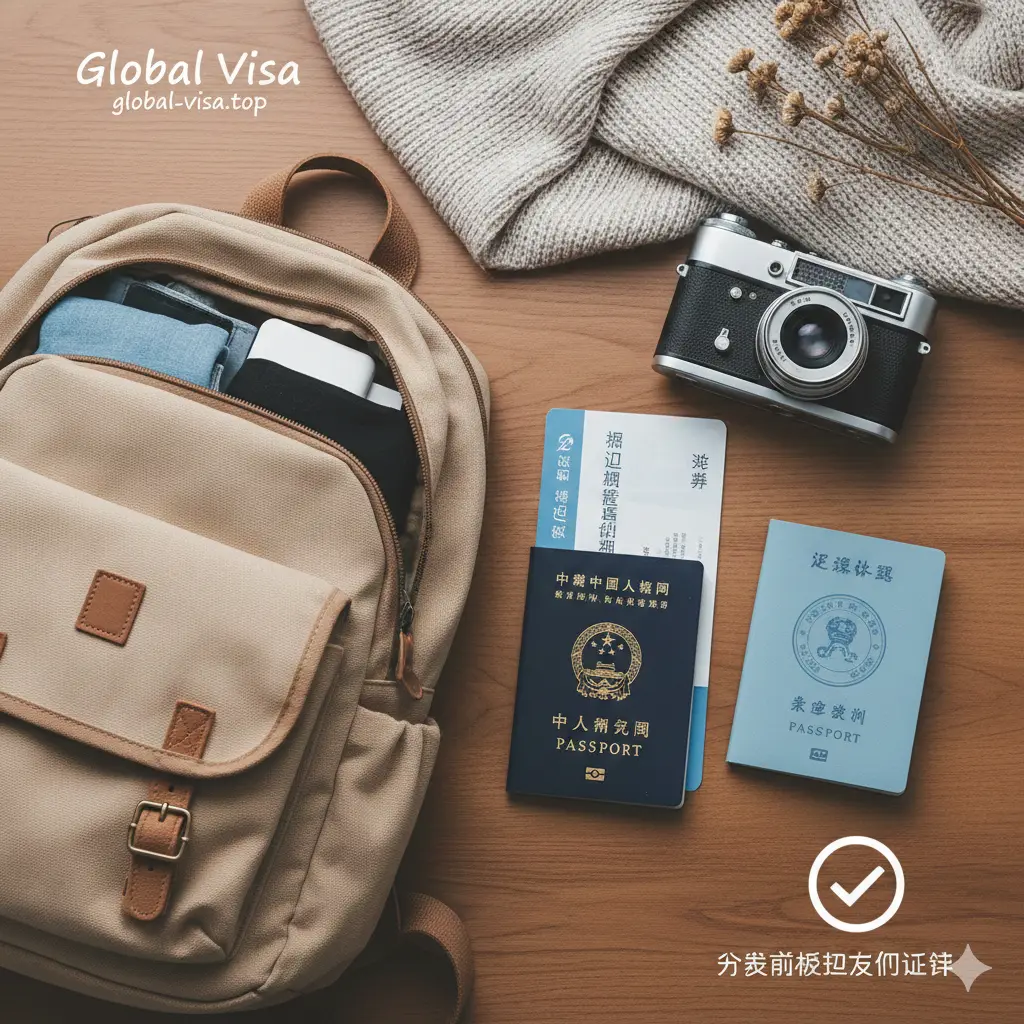 一张温馨的旅行总结建议图。画面是一个整理好的旅行背包，旁边整齐排列着护照、船票、相机和儿童护照。构图采用平铺拍摄风格，右下角带有一个‘确认检查清单’的小图标，提醒游客在出发前最后核对所有证件。