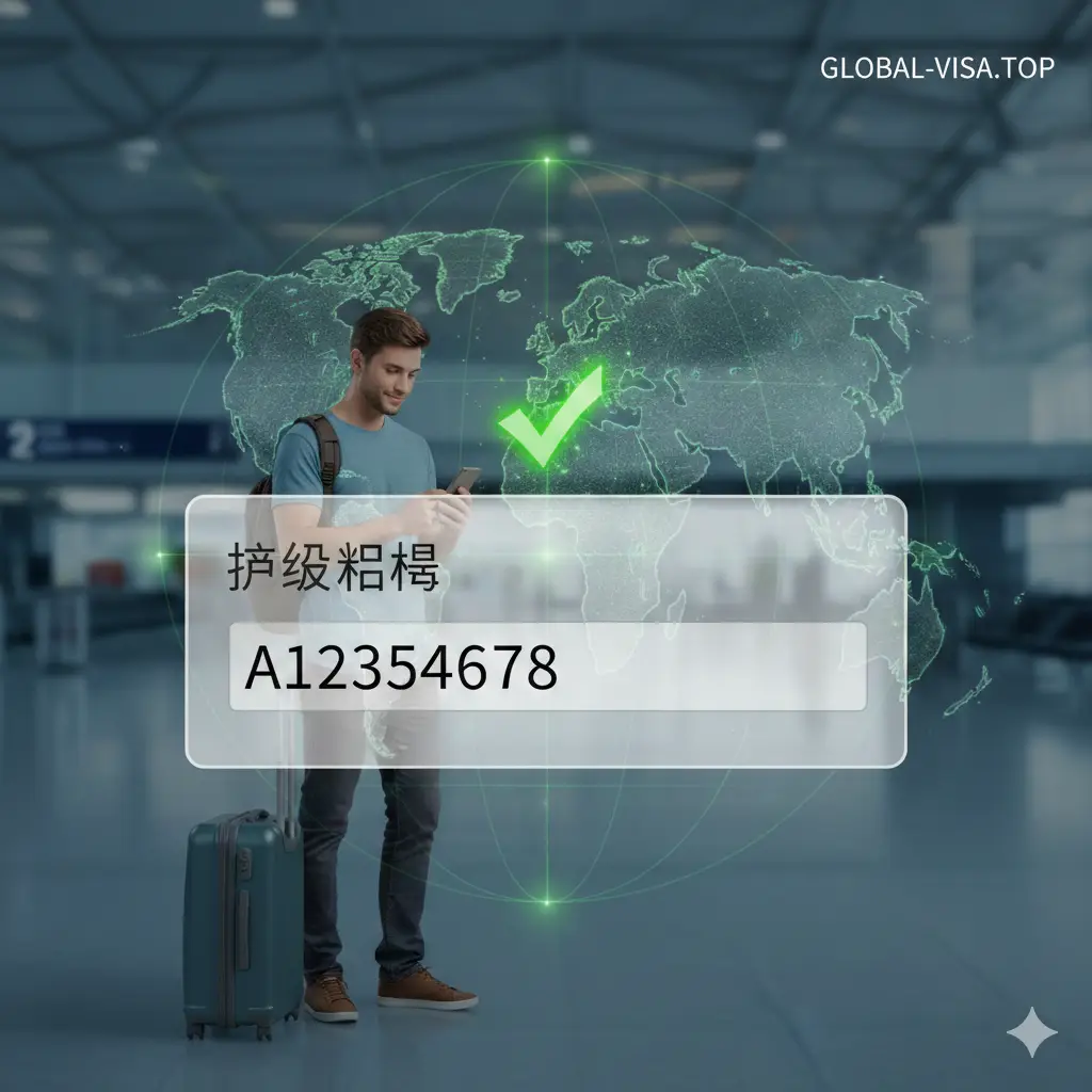 一张表现Global-Visa专业服务的概念图。画面中心是一个放大的护照号码填写框，正确填写了A开头的号码。背景是一个虚化的旅行者在机场查阅手机的场景，上方漂浮着绿色的勾号，象征审核通过。画面融合了全球地图的微弱轮廓，强调服务的全球性和准确性，传达出专业签证代办带来的省心和安全感。