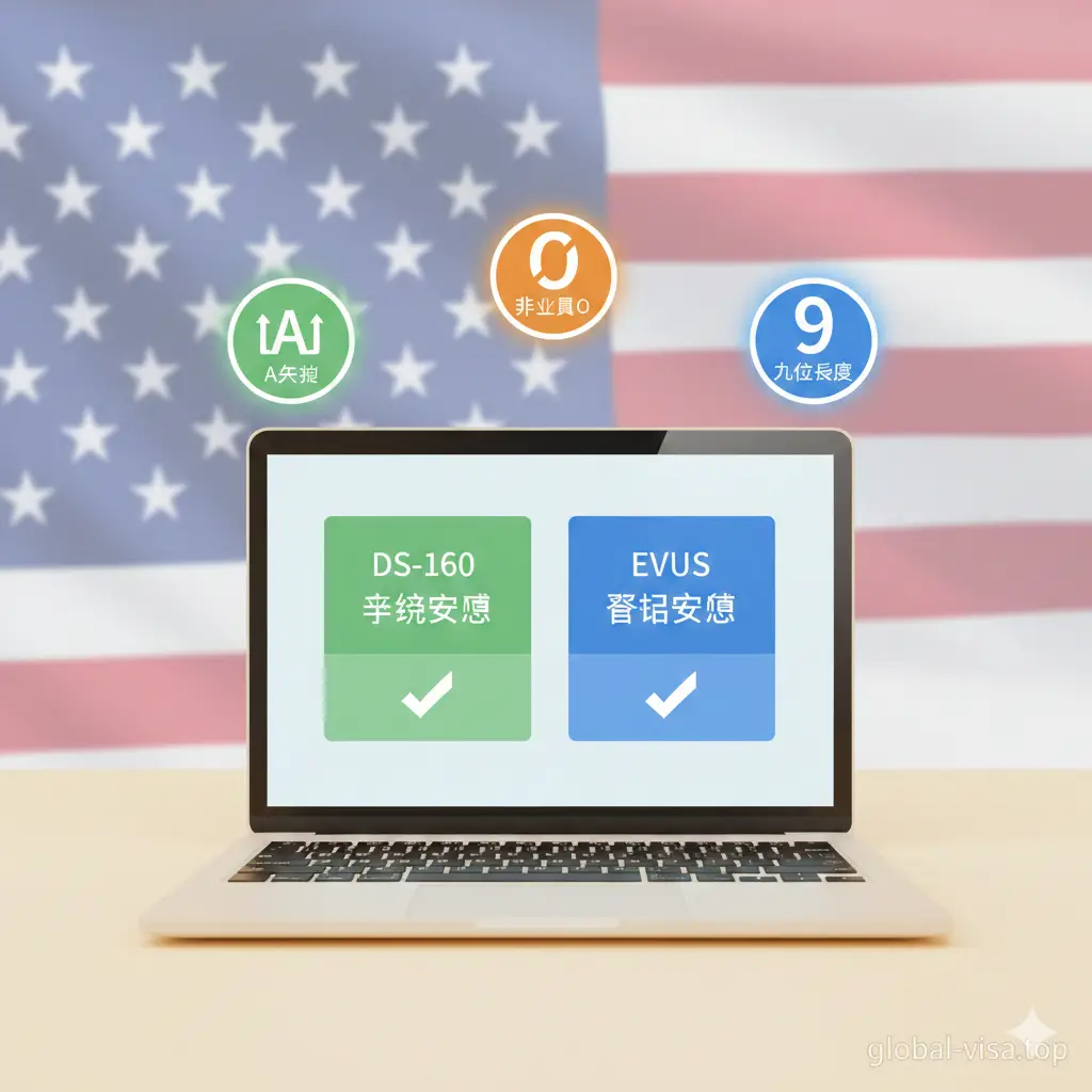 一张具有视觉平衡感的总结图片。背景是淡雅的星条旗元素水印。中心位置是一个精美的笔记本电脑，屏幕上显示着DS-160和EVUS登记成功的界面。画面周围环绕着三个核心关键词的小图标：A字开头、非字母O、九位长度。色彩温暖且明亮，给读者一种如释重负、问题得到圆满解决的视觉反馈，适合文末引导关注。