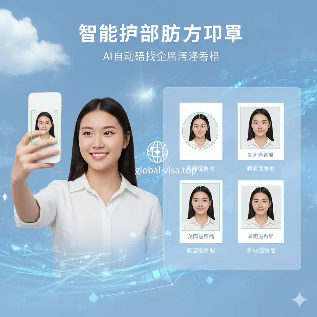 一张高质量且充满现代感的封面图。画面左侧是一位微笑的年轻女性正在使用智能手机拍摄证件照，右侧展示了该照片被自动裁剪成符合美国签证、申根签证等多种标准的证件照排列效果。背景色调以明亮的白色和科技感的浅蓝色为主，构图简洁大方，中心位置隐约可见global-visa.top的标识，视觉上传达出专业、便捷、AI驱动的品牌形象。