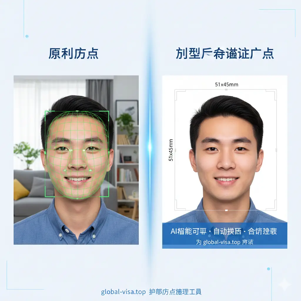 展示AI智能检测功能的对比图。左侧是一张带有复杂生活背景的原始照片，右侧是经过global-visa.top工具处理后的标准白底证件照。画面中心使用了扫描线或网格元素代表AI面部识别与头部比例校准过程，背景中点缀着35x45mm和51x51mm等尺寸标注。色彩清晰，风格偏向于严谨的科技说明类视觉设计，突出自动换底和合规性检测的核心卖点。