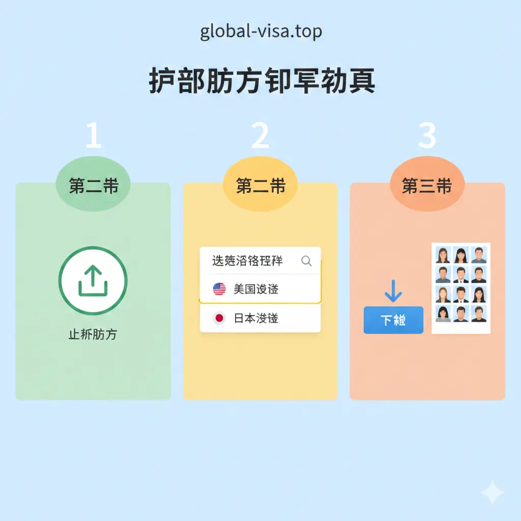 以三步走的形式展示教程指导图。第一步展示用户上传照片的图标；第二步展示下拉菜单选择‘美国签证’或‘日本签证’的动态效果；第三步展示下载按钮以及排版好的6寸相纸预览图。整张图采用扁平化UI设计风格，使用清新明快的色彩，每一步都有明确的数字标识和简短的图标说明，确保用户一眼就能看懂操作流程。