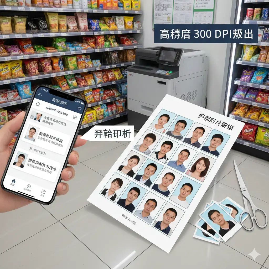 聚焦于6寸相纸排版和打印优势。画面展示了一张排版整齐的6寸证件照打印版文件，周围摆放着剪刀和打印好的实体照片，背景是一家整洁的24小时便利店打印机环境。色彩真实且具有生活气息，重点突出高精度300 DPI的输出品质以及用户可以拿着生成的图片去便利店轻松打印的便利性。