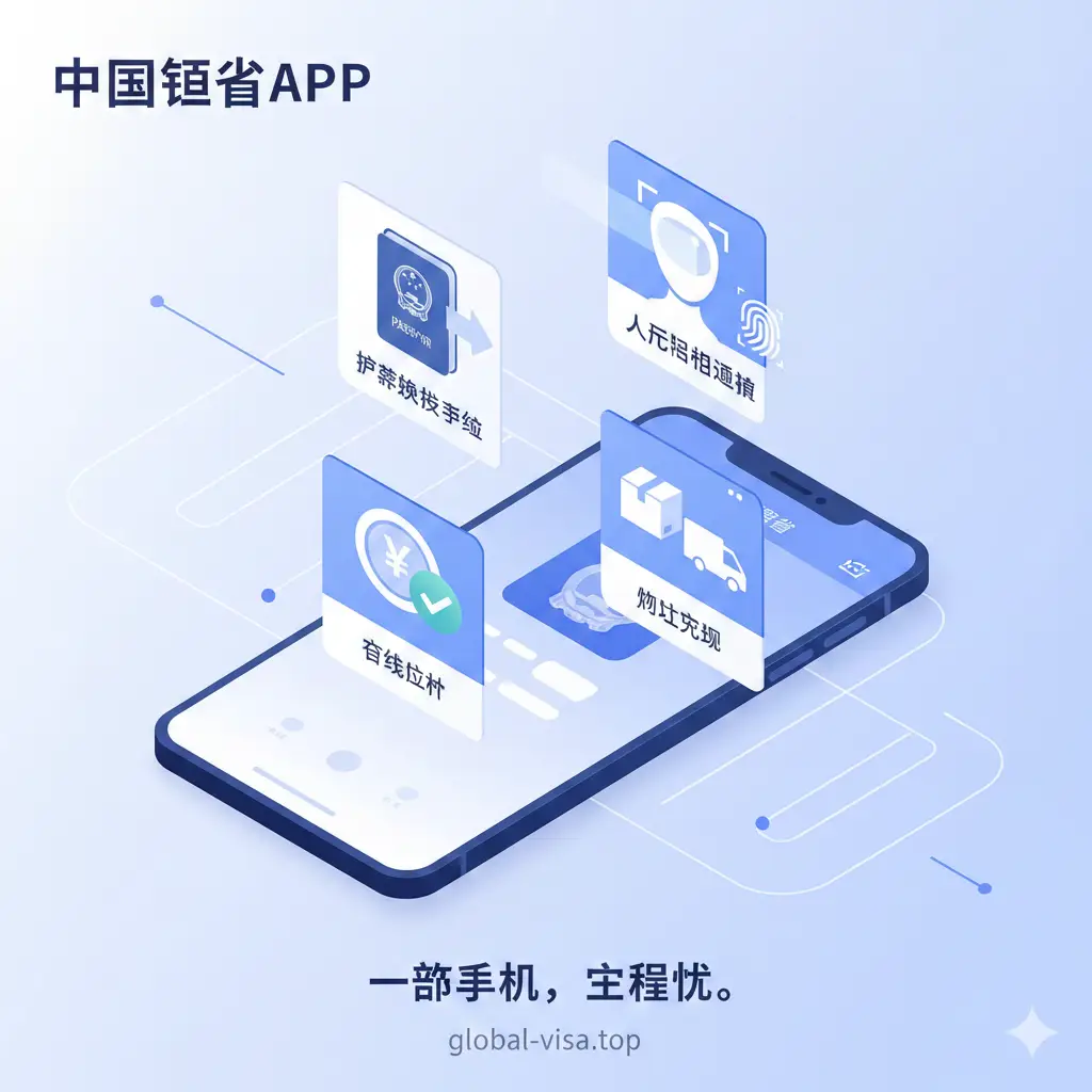 展示APP核心功能的视觉图。采用等距视角（Isometric）设计，展示手机屏幕弹出的多个功能模块：护照换发申请、人脸识别验证、在线支付和物流查询。每个功能用简洁的扁平化图标表示，色彩清新，使用蓝白色调。画面中加入一些点缀元素，如指纹扫描光束和支付成功的勾选符号，突出‘一部手机搞定’的高效感。