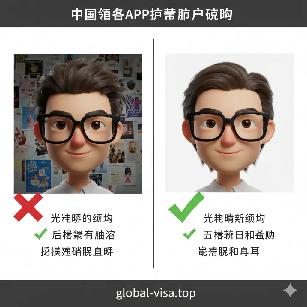 一张清晰的教程示意图。画面分为左右对比，左侧展示错误的拍照示范（光线暗、背景杂乱、戴眼镜），右侧展示正确的拍照示范（背景纯白、光线均匀、五官清晰、露出眉毛耳朵）。人像使用3D卡通角色或写实风格，并配有绿色的对号和红色的叉号标注。背景简洁，通过视觉化的对比直接告诉用户中国领事APP护照照片的严格要求。