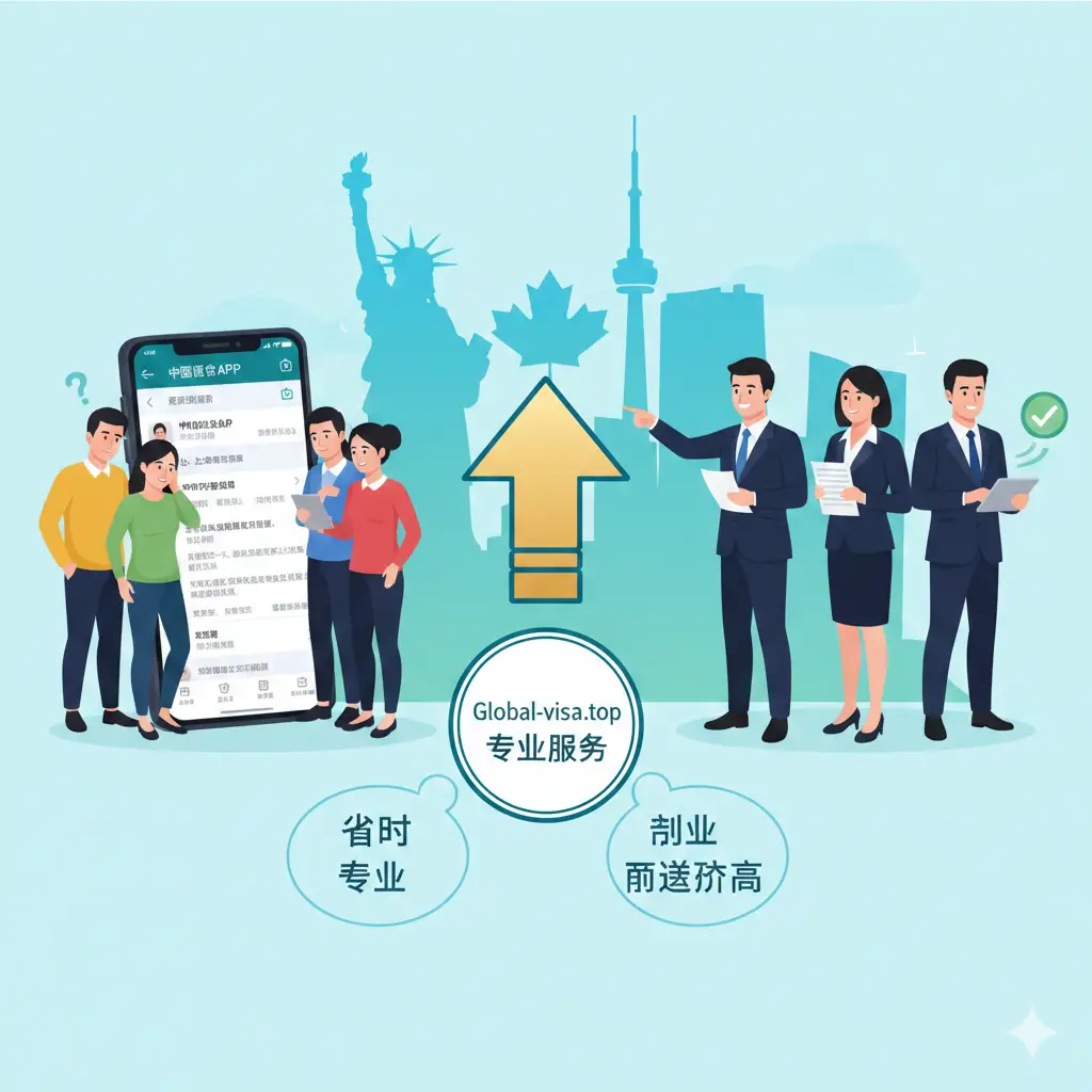 体现Global-visa.top专业服务优势的图片。画面左侧是一个感到困惑的海外华人群体，面对繁琐的手机操作，右侧是Global-visa的专业顾问团队形象，中间由一个上升的箭头连接，象征问题的解决。背景融入了美国、加拿大等地的标志性地标剪影。画面色调明快，突出了‘省时、专业、通过率高’品牌核心价值。
