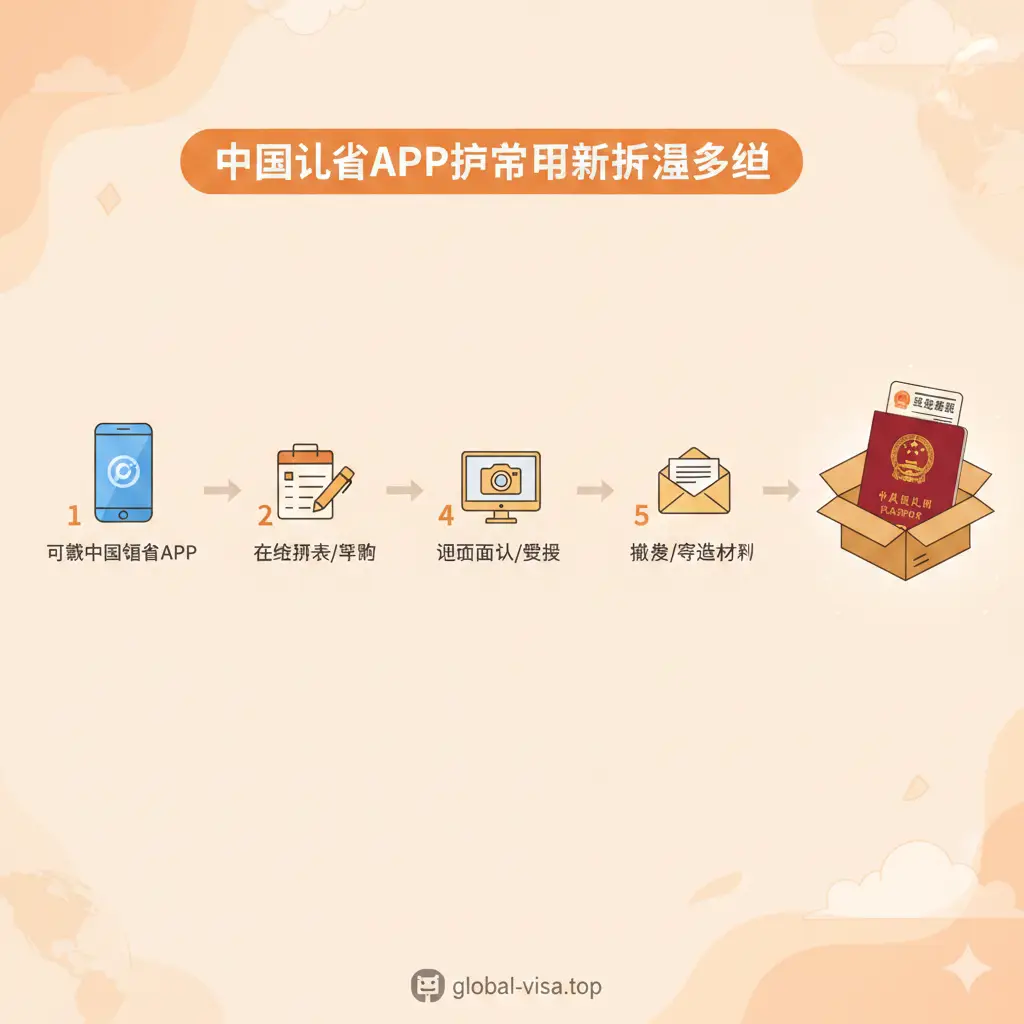 总结性质的流程视觉图。采用横向时间轴构图，展示从下载APP、在线填表、上传照片、视频面试到最后收到挂号信包裹的完整闭环流程。每个步骤用一个小图标和数字序列表示，终点是一个打开的邮包，露出一本崭新的中国护照。整体色彩温暖。