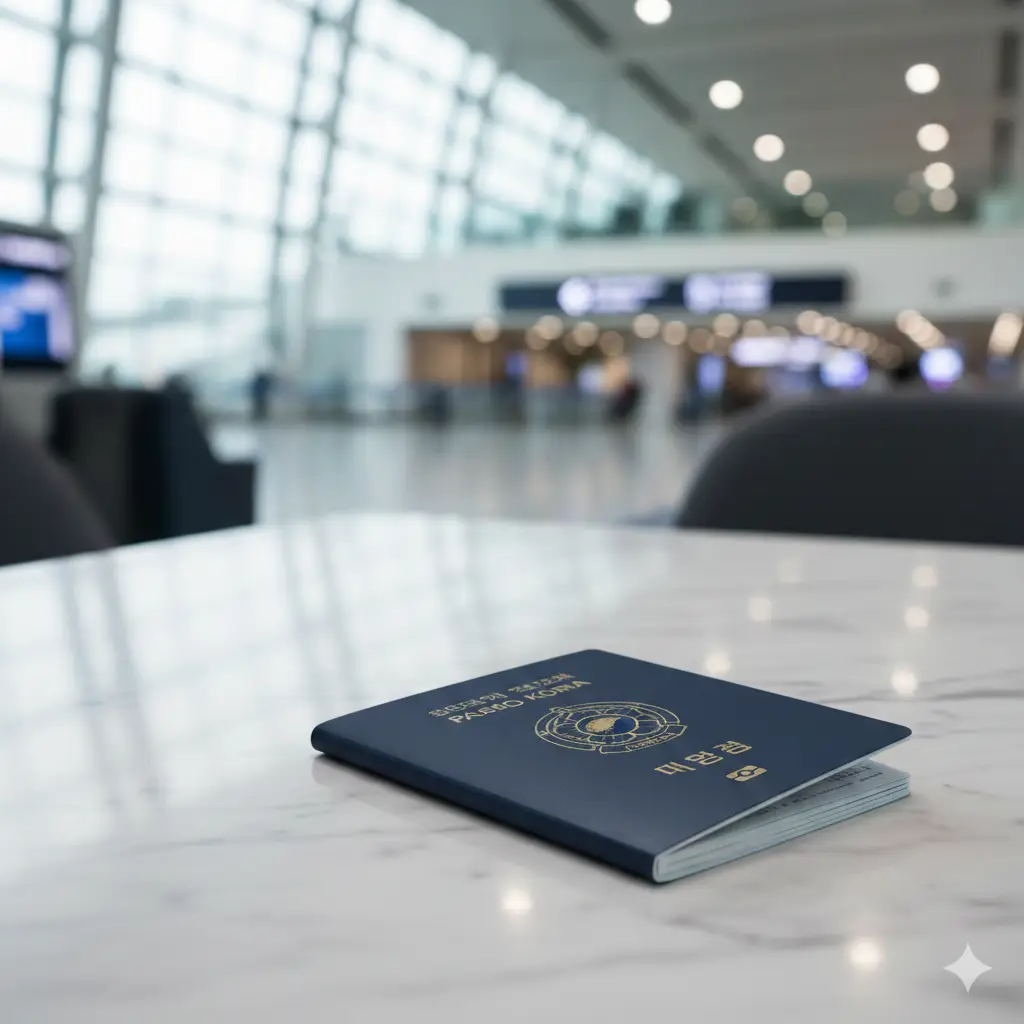 一张高清的2025年新版韩国深蓝色电子护照特写。封面呈现哑光质感的深蓝色,右下角带有精美的金色韩国国徽。护照放置在极简风格的大理石桌面上,背景点缀着模糊的国际机场离境大厅光影,光线柔和,色彩高级,整体呈现出商务且专业的旅行氛围,突出韩国护照的现代美感。