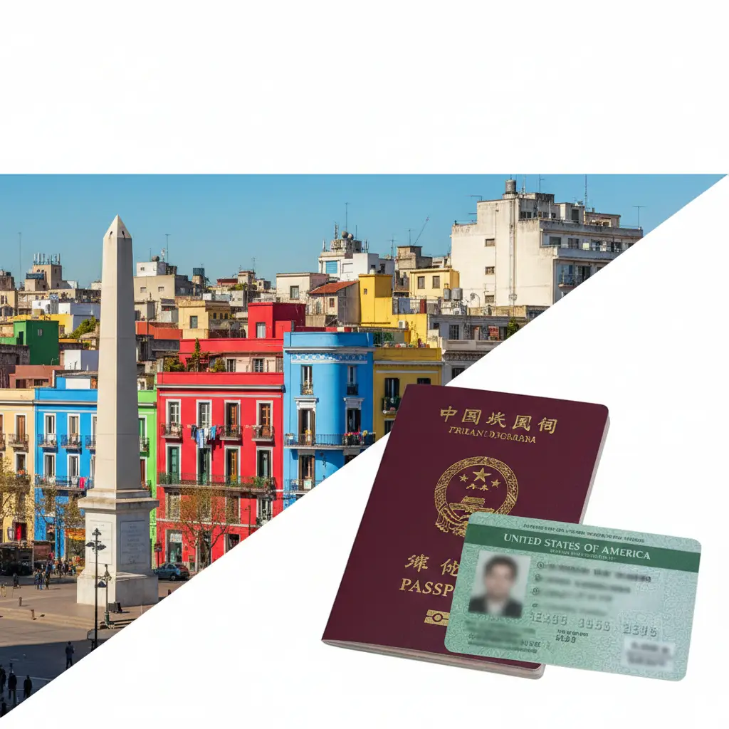 一张高质量的旅游背景封面图。画面左侧展示阿根廷著名的布宜诺斯艾利斯方尖碑和五彩斑斓的博卡区建筑，右侧近景处叠放着一本深红色的中国护照和一张清晰但带有艺术模糊处理的美国绿卡。