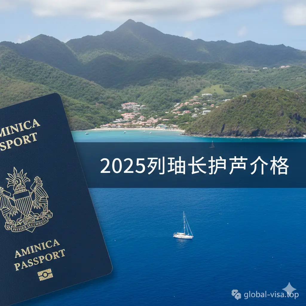 一张极具商务高级感的封面图。左侧近景展示一本深蓝色的多米尼克护照封面，金色国徽纹理清晰可见，质感细腻。背景是多米尼克迷人的加勒比海岛风光，绿意葱郁的山峦与蔚蓝海面交相辉映。画面中央采用简约大气的无衬线字体标注'2025多米尼克护照价格'，整体光影明亮，构图采用黄金分割比例，营造出高端身份与安全投资的视觉氛围。