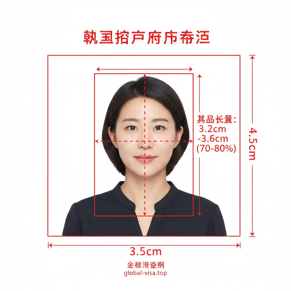 一张标准的韩国护照照片规格教学图。画面中心是一个亚洲面孔的模特,背景为纯白色。图上清晰标注出3.5cm x 4.5cm的尺寸线,以及头部高度占70-80%的示意标识。模特五官清晰、露出双耳、无眼镜、表情自然。构图对称严谨,色彩真实,具有强烈的工具书指引感。