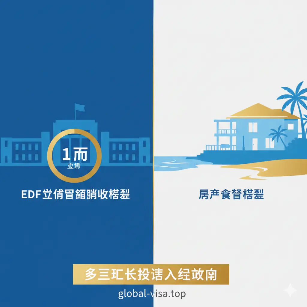 一张对比鲜明的功能展示图。画面分为左右两部分，左侧代表EDF政府基金捐款模式，元素包括政府建筑剪影和代表10万美金的抽象符号；右侧代表房产投资模式，展示一栋精致的现代加勒比海滨度假别墅。中间以清晰的垂直分割线分开，整体色彩基调为蓝白专业商务色，使用扁平化信息图表风格，点缀金色元素，体现出两种投资路径的选择多样性与透明度。