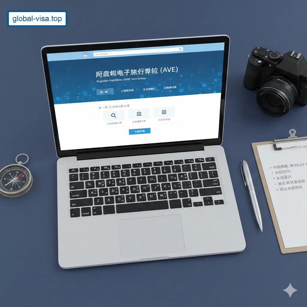 一张展示AVE在线申请流程的保姆级教程示意图。画面展示一个现代化的笔记本电脑屏幕，屏幕上是模拟的阿根廷移民局官网界面。