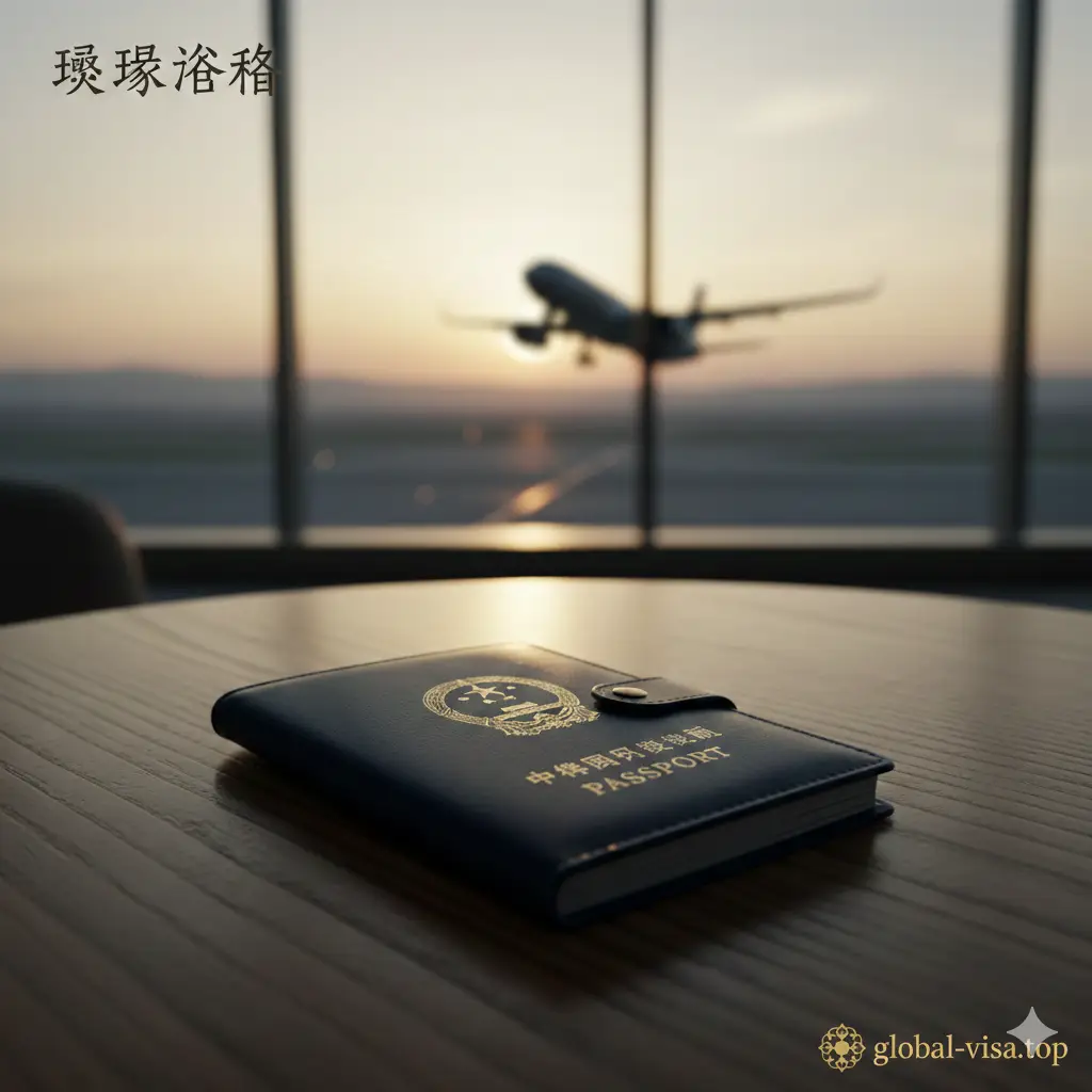 一张极具电影质感的旅行封面图。画面中心是一本装在精致深蓝色真皮护照夹里的中国护照，放置在机场候机楼的木质茶几上，背景是模糊的航站楼落地窗和远处的飞机起飞剪影。色调偏向温暖的夕阳金与高级深蓝，构图采用对角线分布，整体传达出从容、高端的国际旅行氛围，光影层次丰富。