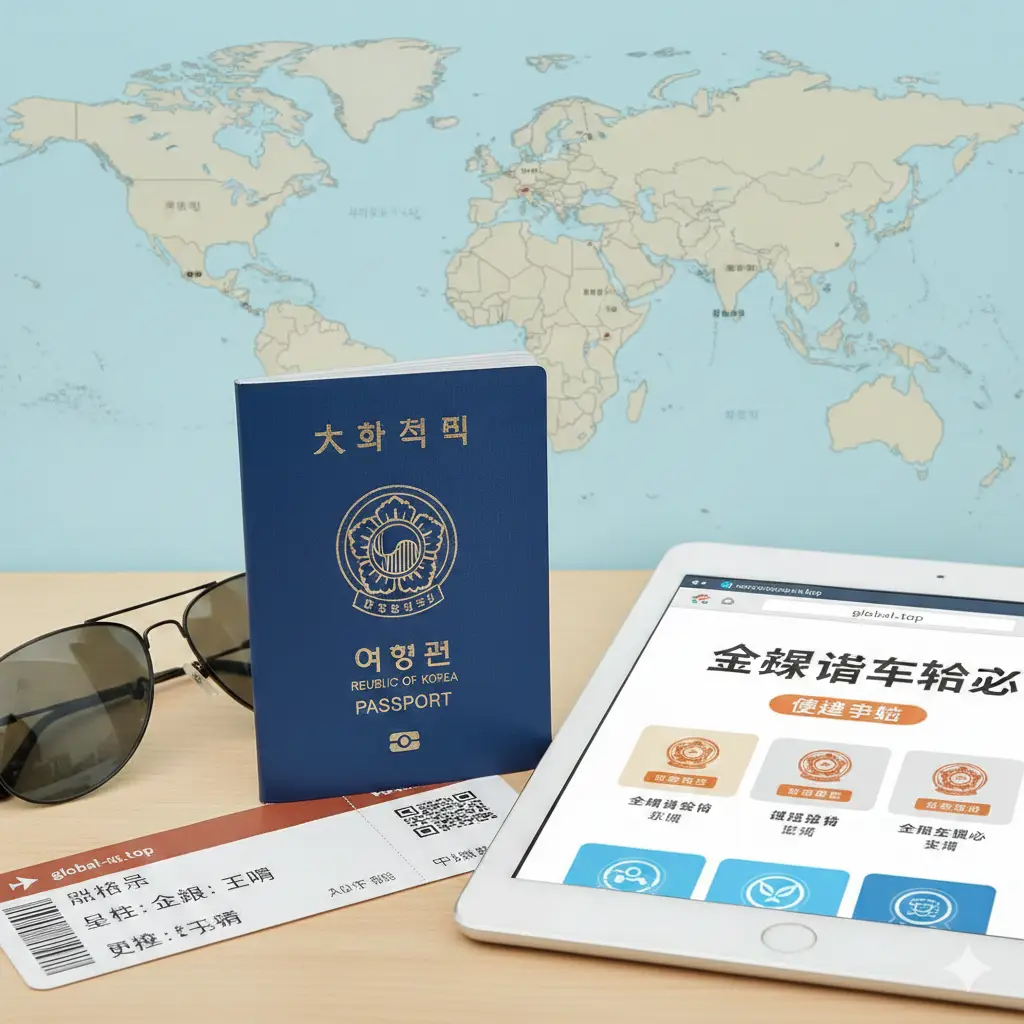 一张充满全球旅行意象的总结图。画面包含一本新版蓝色韩国护照、一副时尚墨镜、一张登机牌以及一台平板电脑,平板屏幕上显示着global-visa.top的官方页面。背景是一张淡雅的世界地图。整体色调温暖且富有活力,象征着拥有这本护照即可开启通往全球的便捷签证之旅。