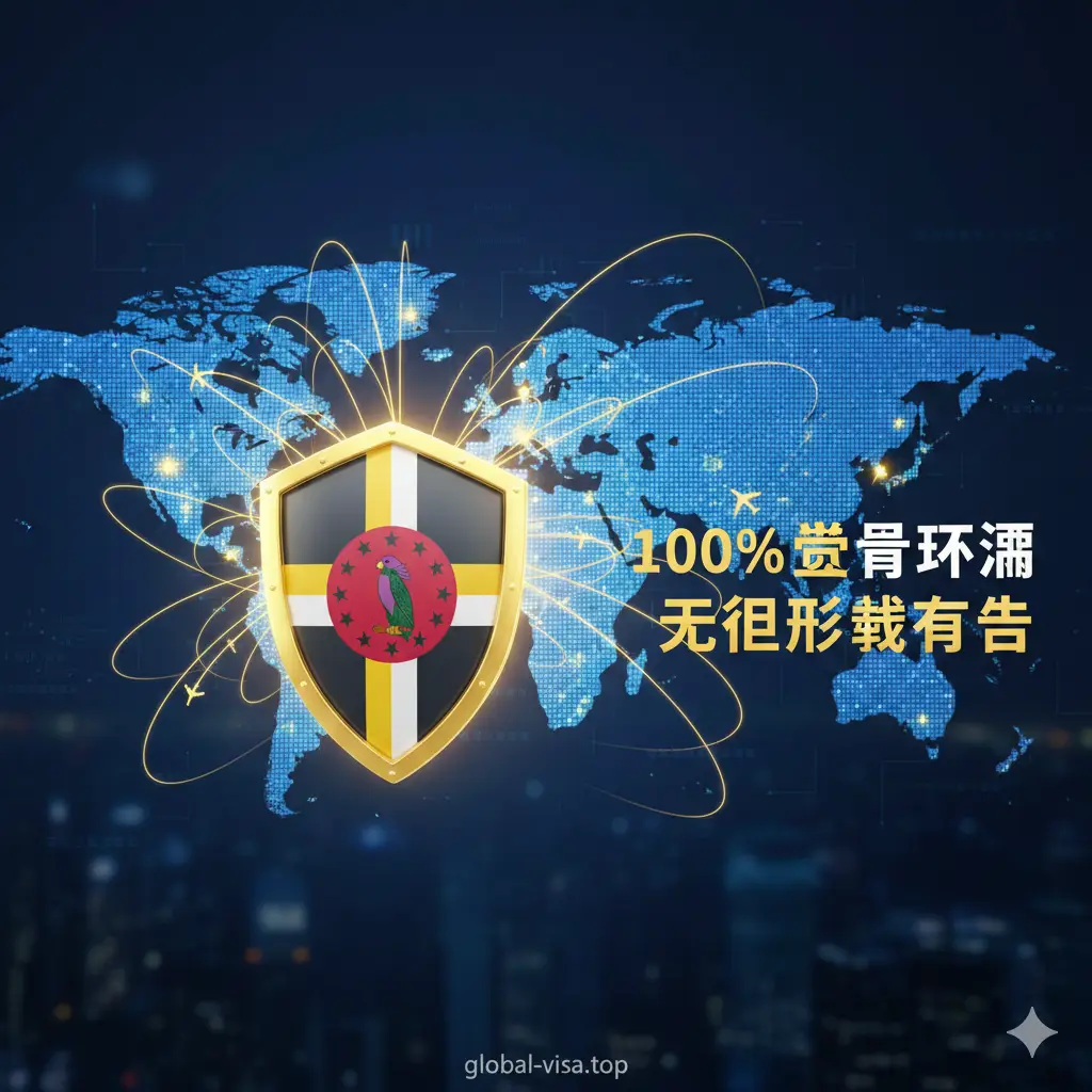 一张体现优势与对比的视觉图。中心是一个闪亮的金色盾牌，盾牌上隐约可见多米尼克国旗元素，象征身份安全与避税天堂。周围环绕着象征免签通行的飞机航线和全球地图。右侧以大字突出'100%费用透明'和'无隐形成本'。风格偏向写实3D渲染，光影璀璨，色调采用深蓝与金黄的经典商务组合，突出Global Visa在市场中的权威与诚信优势。