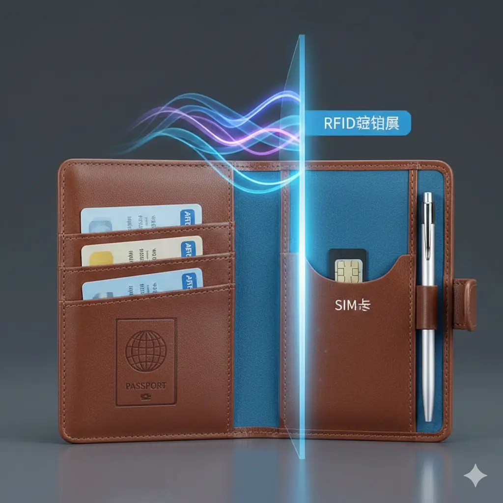展示护照夹核心功能的特写图。采用侧面展开视角，清晰展示内部的多功能分区：包括护照位、多个信用卡槽、SIM卡专用插槽以及一个精细的笔插。画面上方使用科技感的半透明发光线条模拟RFID屏蔽信号的物理层，展示波浪线被护照夹内衬阻挡的过程。色彩以冷色调科技蓝和皮革原色结合，体现安全与实用的结合。