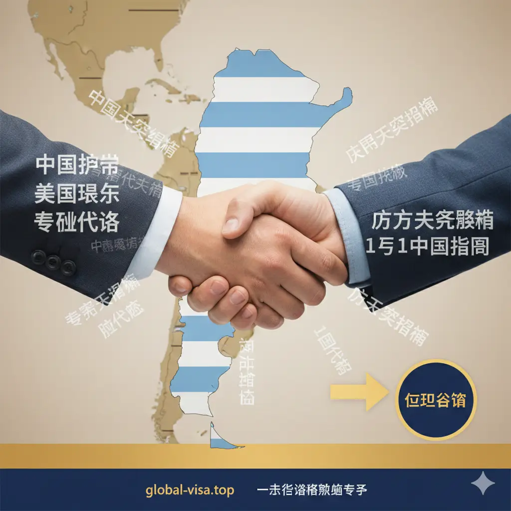 一张充满信任感的总结与行动呼吁图片。画面展示两只手在阿根廷地图前紧紧握在一起，象征专业代办与客户的连接。