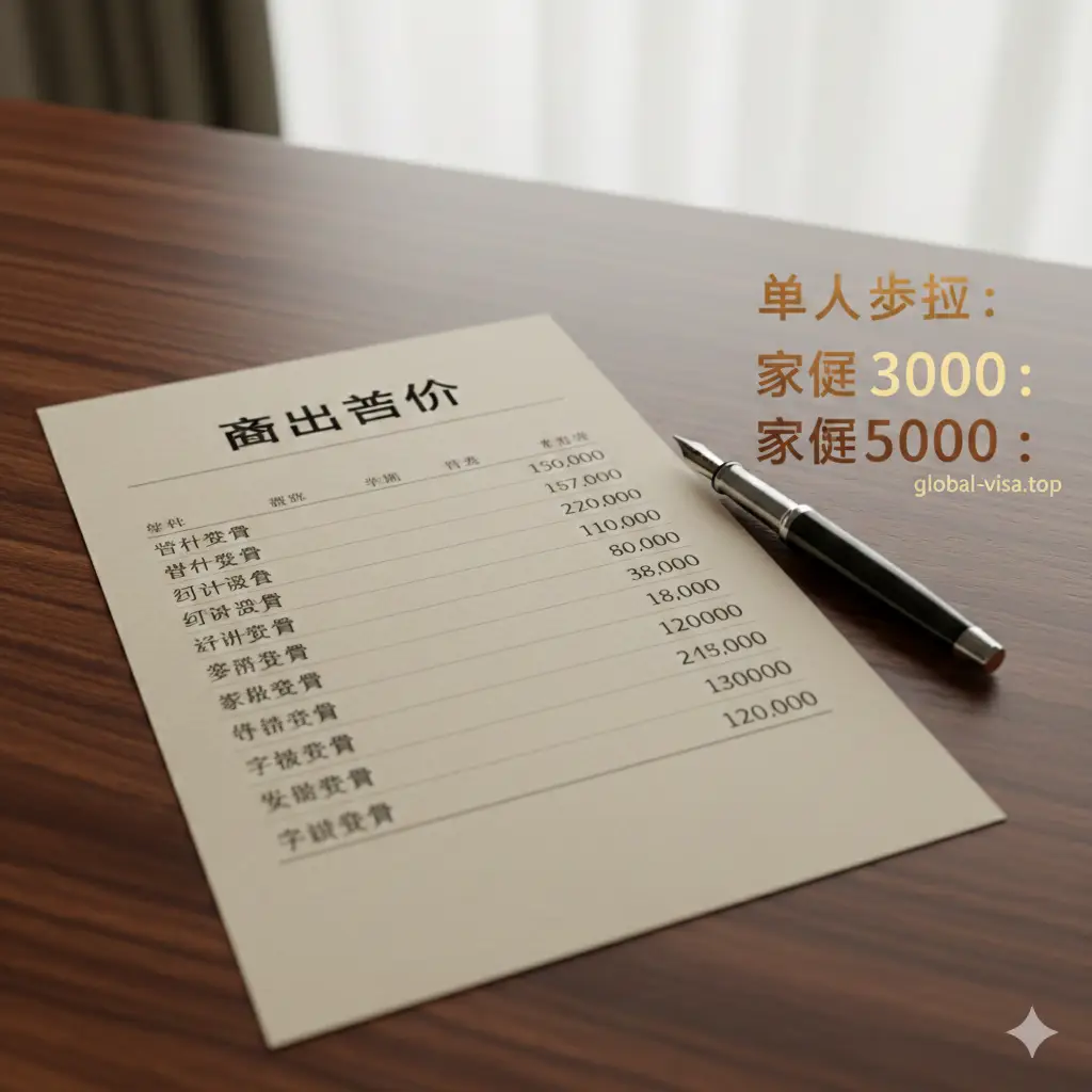 一张简洁有力的总结回顾图。画面采用微距摄影风格，展示一份整齐的账单清单放置在高端木质桌面上，旁边是一支精致的钢笔。清单上方醒目显示'落地总价'字样。构图采用俯视视角，背景光线柔和。图片右侧留白处呈现单人与家庭申请的预估总额数字，色调温暖稳重，给人以决策后的笃定感与获得感，完美呼应文章结尾的行动号召。