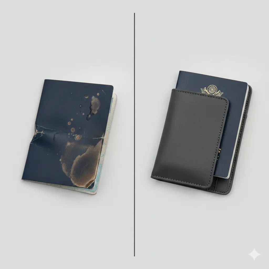 对比展示类图片，强调护照夹的物理保护优势。画面左侧展示一本没有保护、边角起皱且有水渍污痕的护照；右侧展示放在高品质防水面料护照夹中、完好如新的护照。背景采用干净的极简主义灰色，光线柔和。通过强烈的视觉对比，突出‘防止护照被折’和‘防水’的核心卖点，色彩对比鲜明但专业稳重。