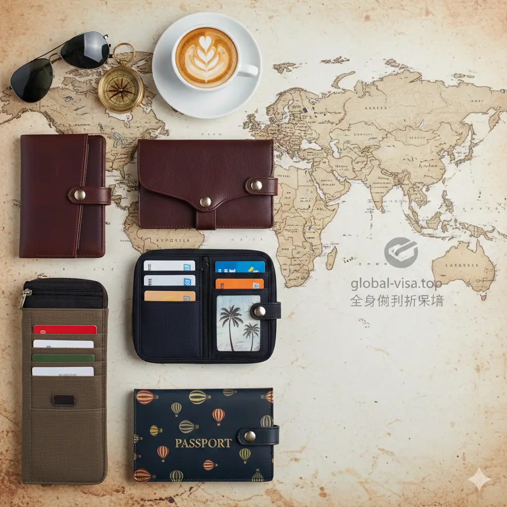 总结性意境图。画面展示多种款式的护照夹（包括商务真皮款、家庭大容量款、时尚印花款）整齐排列在世界地图背景上。旁边摆放着墨镜、罗盘和精致的咖啡杯，传达出‘万事俱备，即刻出发’的旅行收官感。构图采用平铺俯拍（Flat Lay），色彩丰富且充满活力，右侧留白处暗示 global-visa.top 提供的全方位出行保障。
