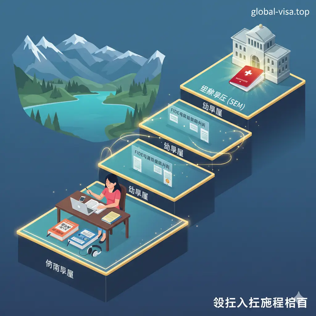 一张表现瑞士入籍‘通关’流程的插画或实景合成图。画面展示从底层市镇（Commune）、中层州（Canton）到最高联邦（SEM）的阶梯式路径，每一步都有金色光芒引导。画面中包含一位正在准备FIDE语言考试资料的人士，桌面上放着德语或法语教材。色彩明快，充满希望感，采用俯视或侧45度构图，强调流程的清晰度和指引性。