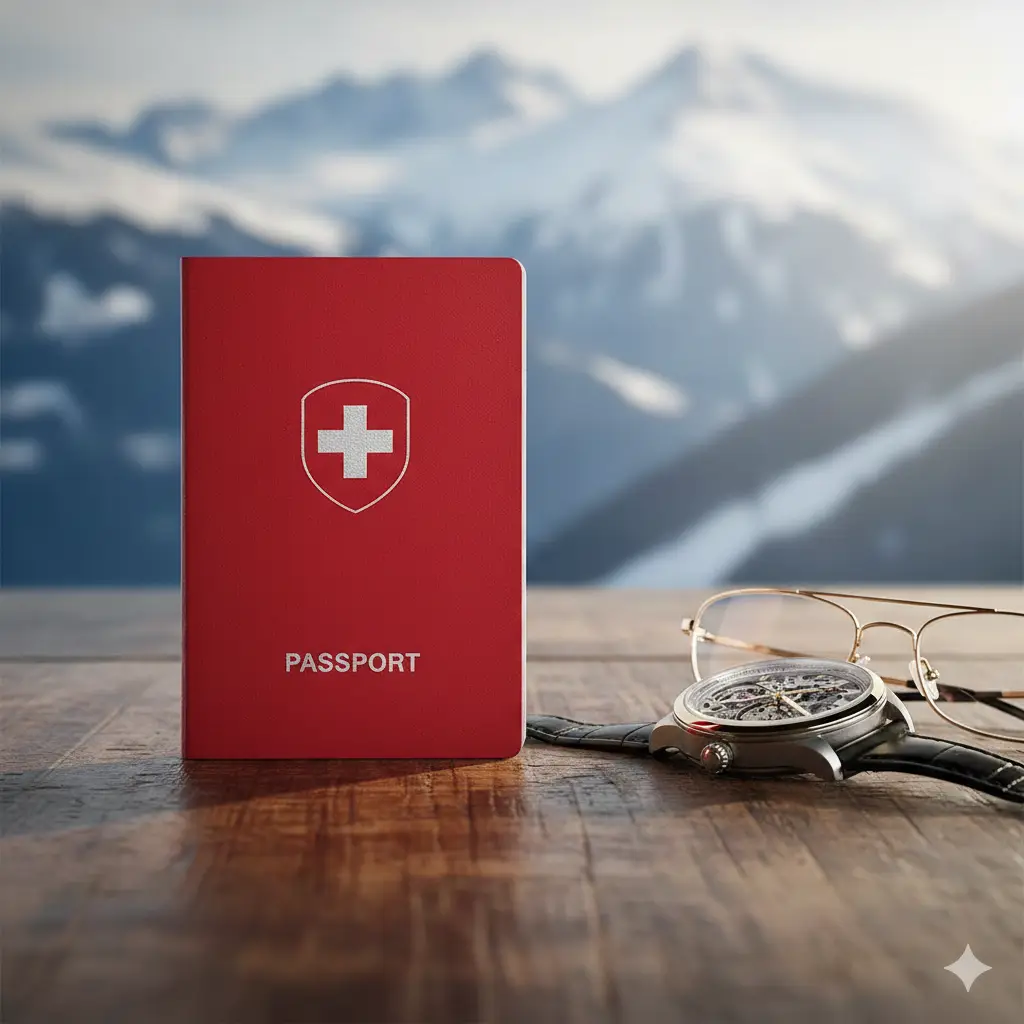 一张展示瑞士护照全球含金量的视觉图。中心是红色的瑞士护照，向外放射出连接全球各大洲的航线，背景是带有世界地图轮廓的虚化效果。画面两侧展示瑞士顶级的社会福利元素：医疗符号、名校毕业帽、金融安全感和纯净的自然环境。整体色彩使用高级灰、海军蓝与活力的瑞士红碰撞，构图宏大，突出‘全球旅行自由’与‘顶级身份’的优势。