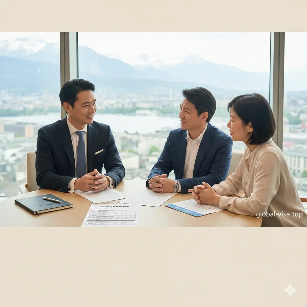一张温馨且专业的总结性图片，展示一位专业的Global Visa移民顾问正在与一对夫妇进行一对一咨询。桌面上放着打印好的瑞士入籍费用明细表和规划方案。背景是通透的现代化办公室，落地窗外隐约可见苏黎世或日内瓦的地标建筑。光线自然明亮，风格亲切可信，旨在鼓励用户采取行动，下方留白处暗示可以点击咨询，构图具有引导视觉的效果。