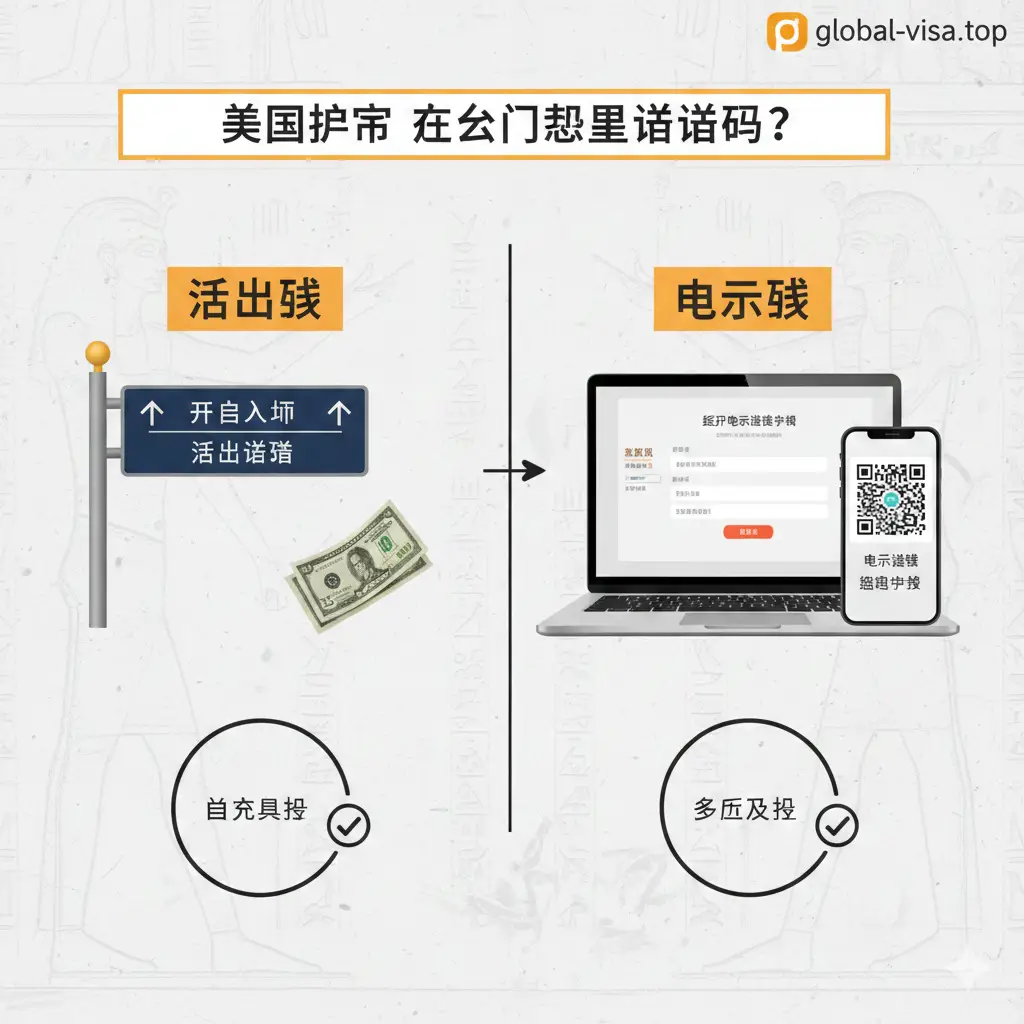 一张对比感强的功能特性图。采用左右分割构图，左侧代表‘落地签’，元素包含开罗机场指示牌和25美元纸币；右侧代表‘电子签’，元素包含笔记本电脑屏幕显示的申请表和手机上的二维码。背景是淡雅的埃及神庙纹理，色彩明亮，使用简洁的图标标注出单次与多次入境的区别，视觉风格现代且信息传达清晰。