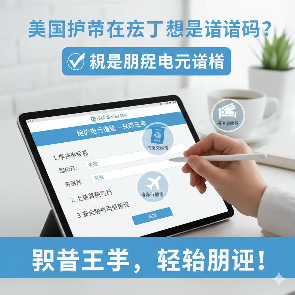 一张直观的步骤教学图。画面展示了一只手正在平板电脑上操作global-visa.top网站的界面，屏幕上显示出简化的签证申请表单。周围漂浮着护照扫描件、机票行程单和酒店预订确认书的半透明图标。背景采用干净的办公场景，高亮显示‘只需三步’的流程感，色彩以清新舒适的白色和浅蓝色为主，引导用户轻松上手。