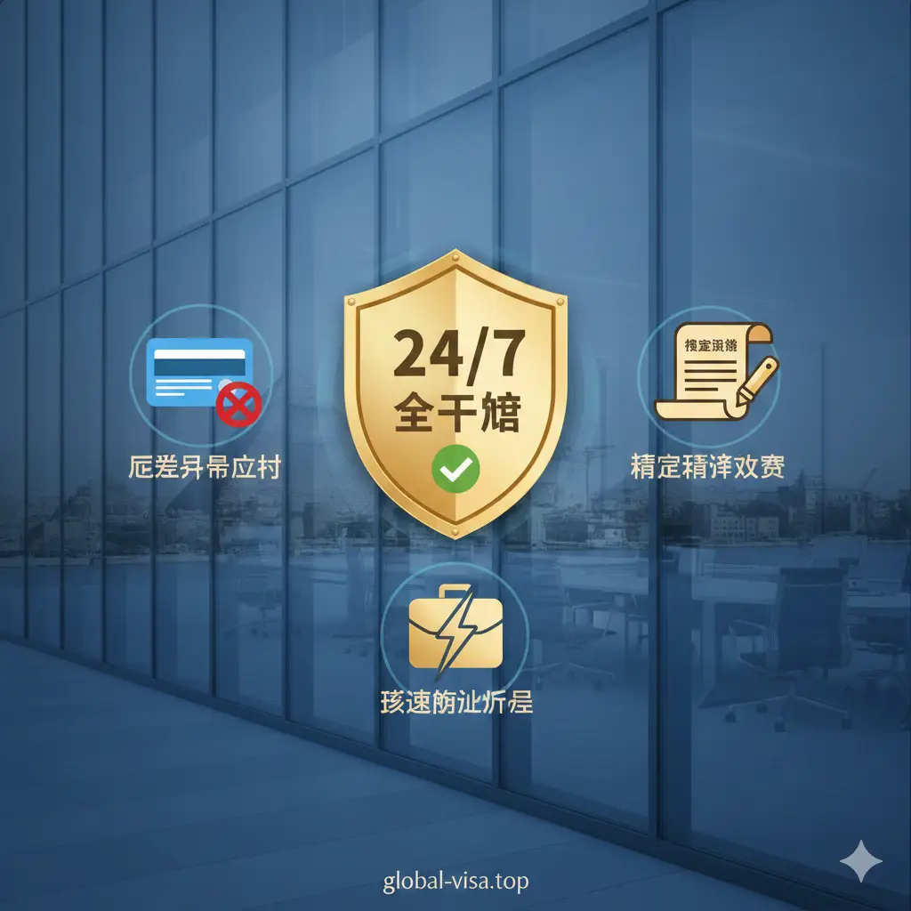 一张强调服务优势的创意图。画面中心是一个带有‘24/7’字样的盾牌或勾选标志，象征安全与保障。周围环绕着解决痛点的视觉元素：拒绝报错的信用卡图标、翻译精准的中文文档、以及代表极速处理的闪电符号。背景是模糊的开罗城市景观，整体风格偏向商务写字楼的高级感，体现global-visa.top代办服务的专业可靠。