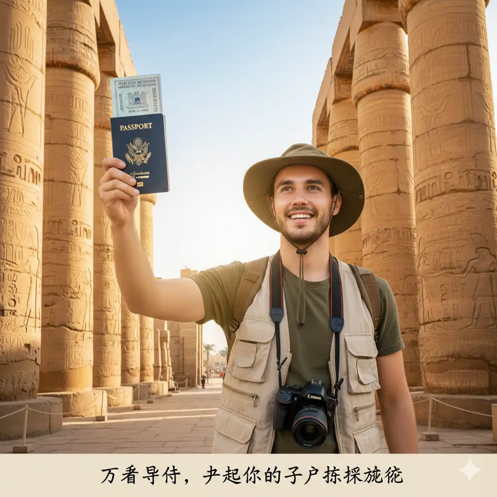 一张充满成就感的总结图片。画面展示一位背着相机的年轻旅行者，手持盖有埃及入境章的护照，自信地站在古代卢克索神庙的石柱前。光线明亮灿烂，展现出顺利通关后的愉悦心情。画面底部带有一行温馨的中文提示：‘万事俱备，开启你的埃及探险之旅’。构图采用中景，色彩饱和度高，富有感染力。