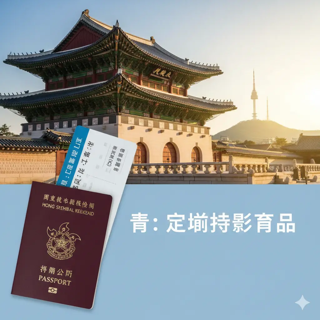 这张封面图采用明亮且充满活力的旅游风格。背景展示首尔景福宫的宏伟建筑与现代南山塔的远景，象征传统与现代的结合。画面左侧近景出现一本清晰的香港特区护照和一张飞往仁川的机票，色调以温暖的阳光色和浅蓝色为主。构图采用三分法，右侧留有留白以便后期添加文字标题，整体视觉传达出轻松出行的氛围。