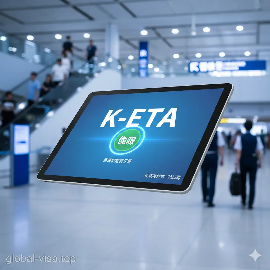 一张具有科技感和信息透明度的功能展示图。画面中心是一个发光的数字平板电脑，屏幕上显示着K-ETA字样，并覆盖一个醒目的绿色‘免除’或‘Exempted’图标。背景是繁忙的仁川机场入境大厅，虚化处理以突出主体。色调以专业蓝和纯净白为主，加入2025年份字样，强调政策的时效性和对香港旅客的便利性。